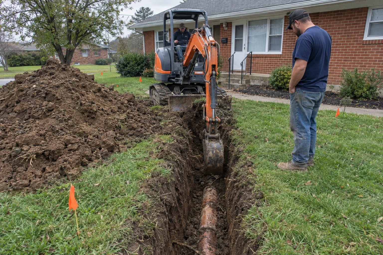 A small excavator digs a narrow trench across a front lawn, exposing a buried sewer pipe, while a man stands on the grass watching