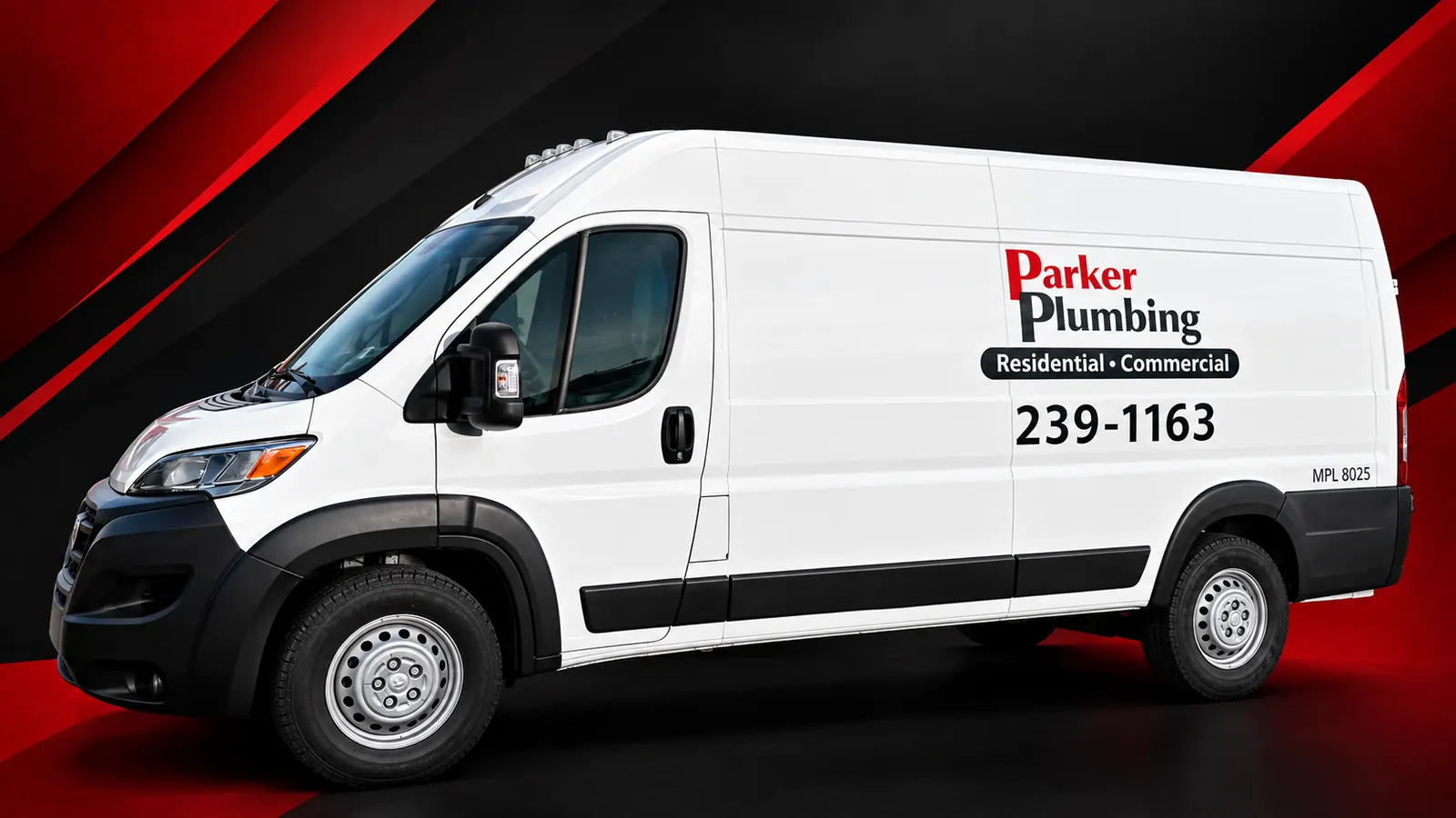 Parker Plumbing work van with the company name and phone number on the side