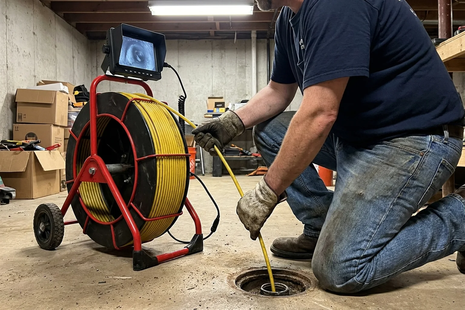 A plumber kneels on a basement floor and feeds a yellow sewer camera cable from its reel into an open floor drain, with the monitor mounted on the reel