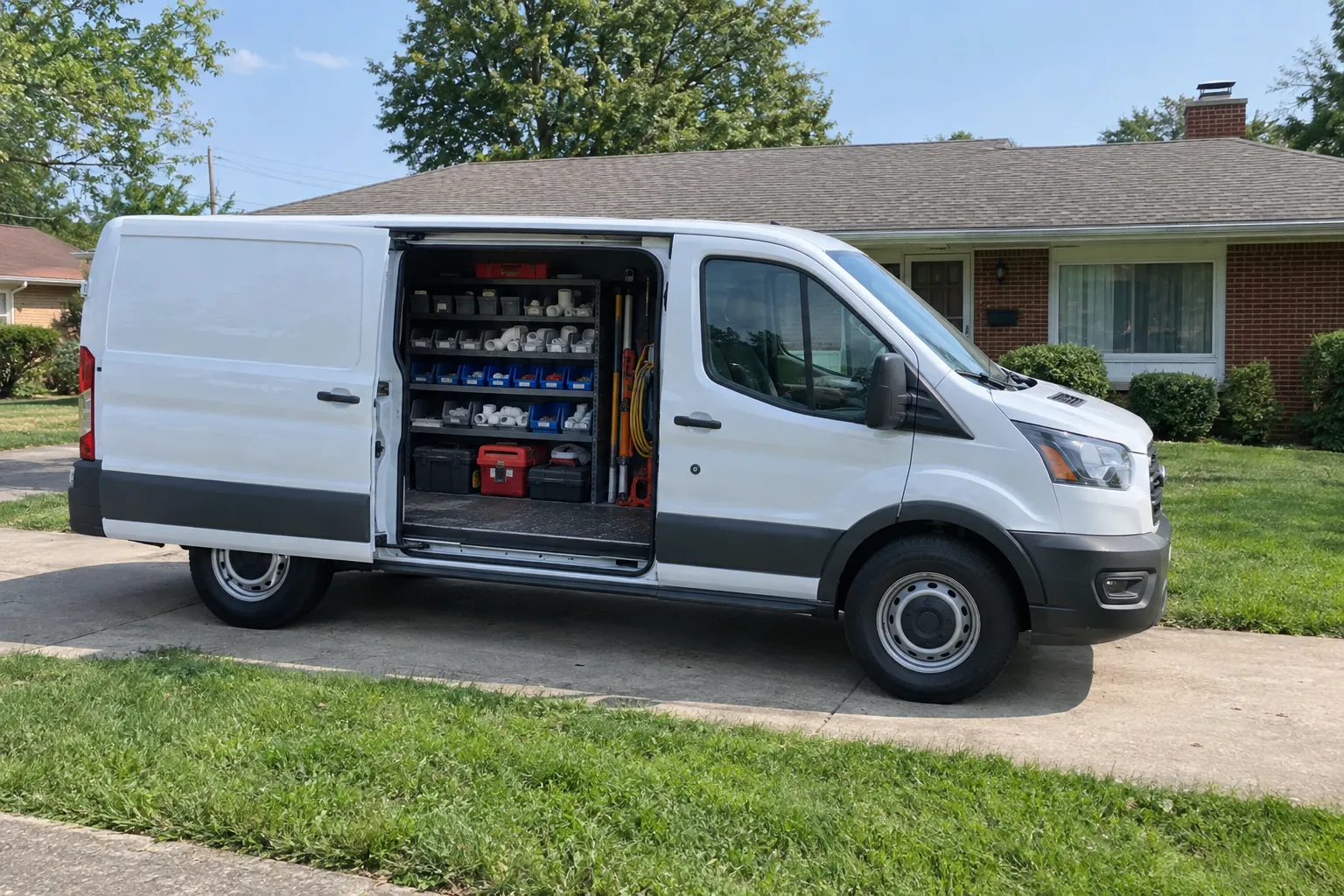 A white work van parked at the curb of a brick house, side door open to shelves of pipe fittings and tools